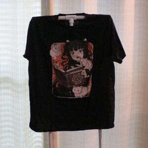Black Graphic Short Sleeve Tee with Cat Illustration
